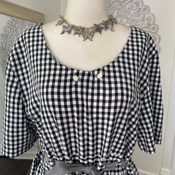 Vintage Made in USA Blue White Gingham Milkmaid Cottage Core Apron Midi Dress L - Picture 6 of 8